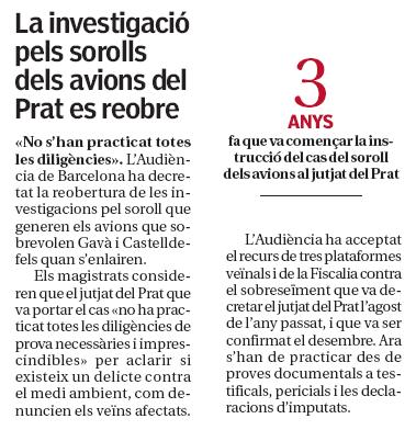 Noticia publicada en el diario 20 Minutos el 3 de Julio de 2008 sobre la reapertura por parte de la Audiencia de Barcelona de la investigación por los ruidos del aeropuerto del Prat